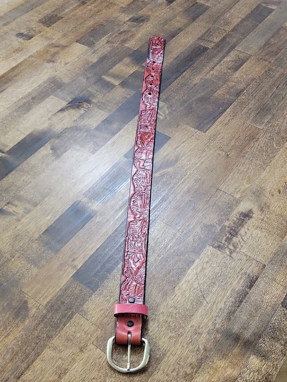 Tooled Red Leather Kid Belt Size 25 Removable Buckle